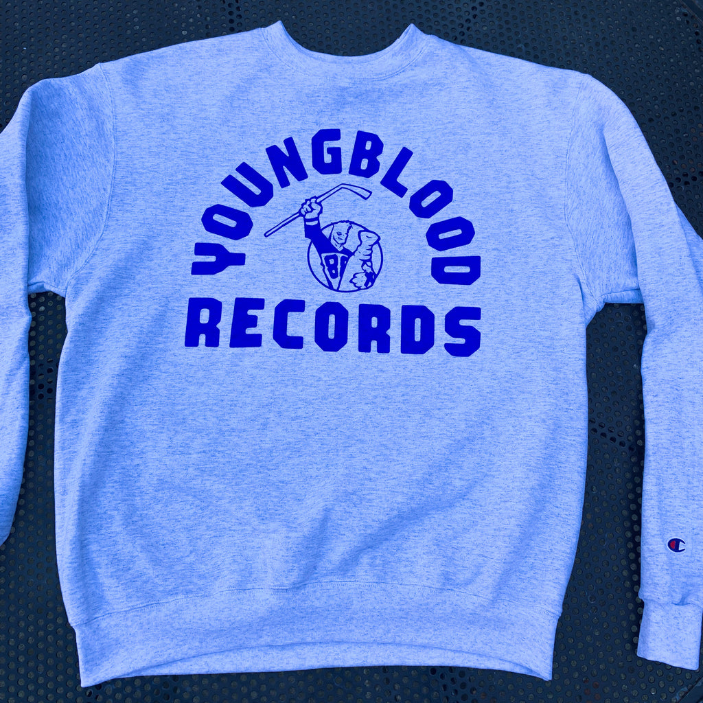 Youngblood Records SILVER GREY Champion Crewneck w/ Blue Ink